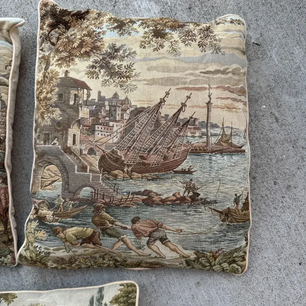 Set 5 Vintage European Tapestry Throw Pillows 16x16 Scenic Italy Decor